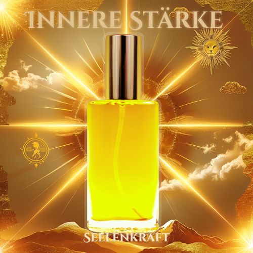 Seelen Spray Innere Stärke in einer klaren Glasflasche mit goldfarbener Verschlusskappe und kraftvoll gelber Füllung – energetisches Aura-Spray zur Stärkung des Selbstvertrauens, zur Aktivierung innerer Kraft und zur Rückverbindung mit der eigenen Mitte.