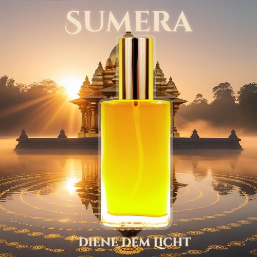 Produktbild des Seelen Sprays „Sumera – Gayatri“ mit goldgelber Flüssigkeit und goldener Verschlusskappe – Symbol für spirituelle Hingabe, Lichtbewusstsein und Meisterweg.