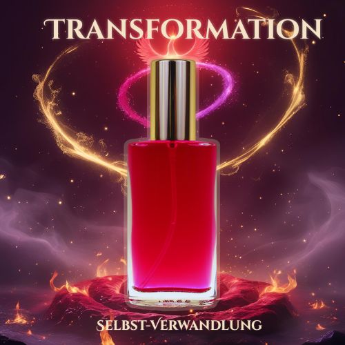Seelen Spray Transformation in einer eleganten Glasflasche mit goldfarbener Verschlusskappe und intensiv rubinroter Füllung – energetisches Aura-Spray zur Unterstützung innerer Wandlungsprozesse, Loslassen, seelischer Alchemie und spiritueller Erneuerung.