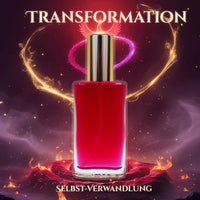 Seelen Spray Transformation in einer eleganten Glasflasche mit goldfarbener Verschlusskappe und intensiv rubinroter Füllung – energetisches Aura-Spray zur Unterstützung innerer Wandlungsprozesse, Loslassen, seelischer Alchemie und spiritueller Erneuerung.